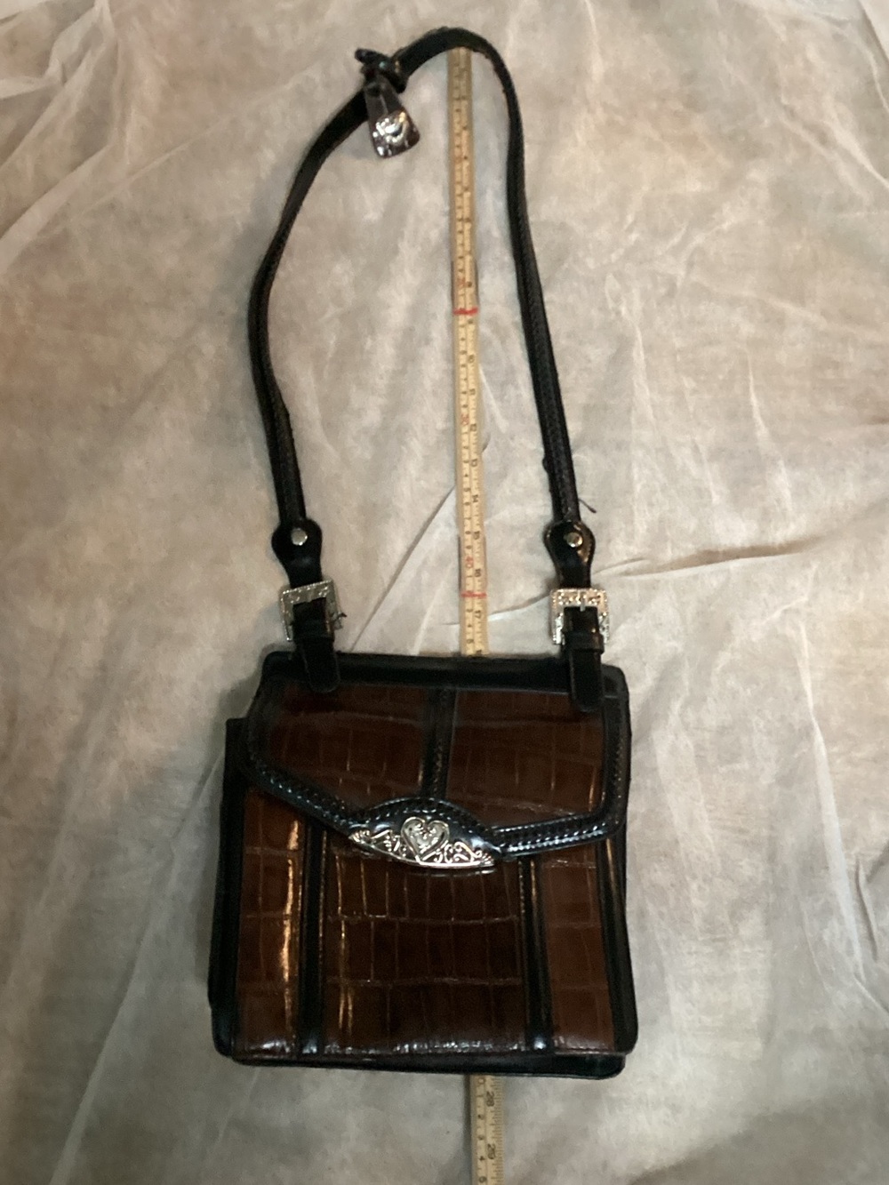Brown Croc-Effect Crossbody Bag with Silver Accent
